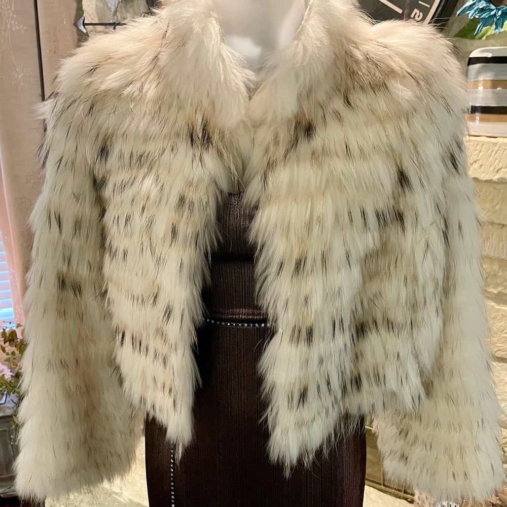 Vintage Raccoon Fur Cropped Jacket Bolero Cream Luxe Statement Size M (Fits S)